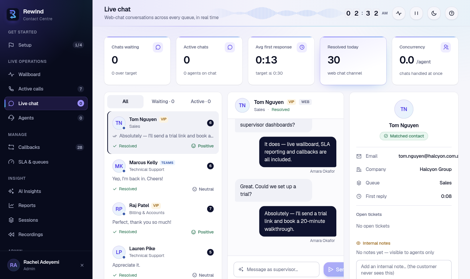 The live chat console