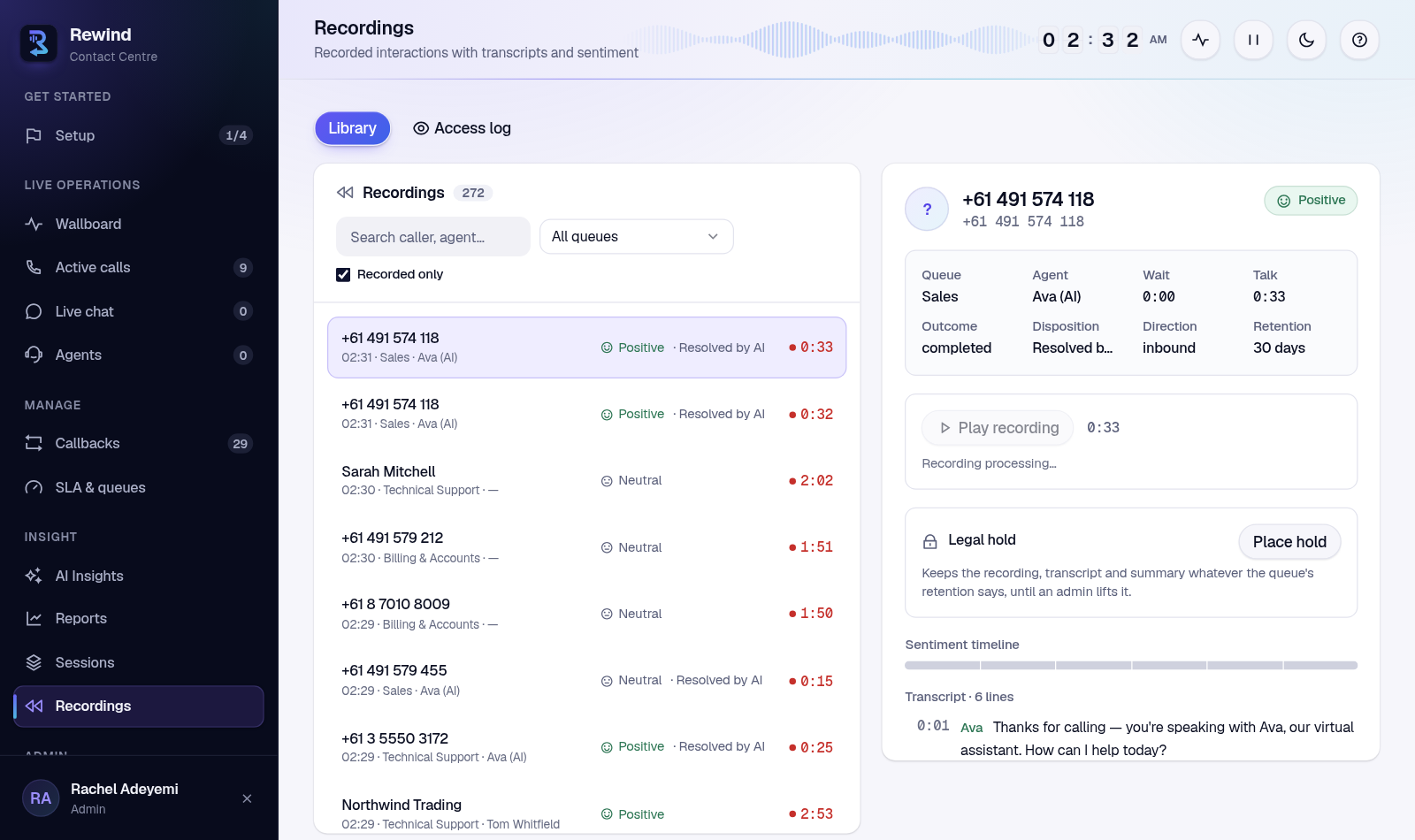 The recordings library with transcript and sentiment