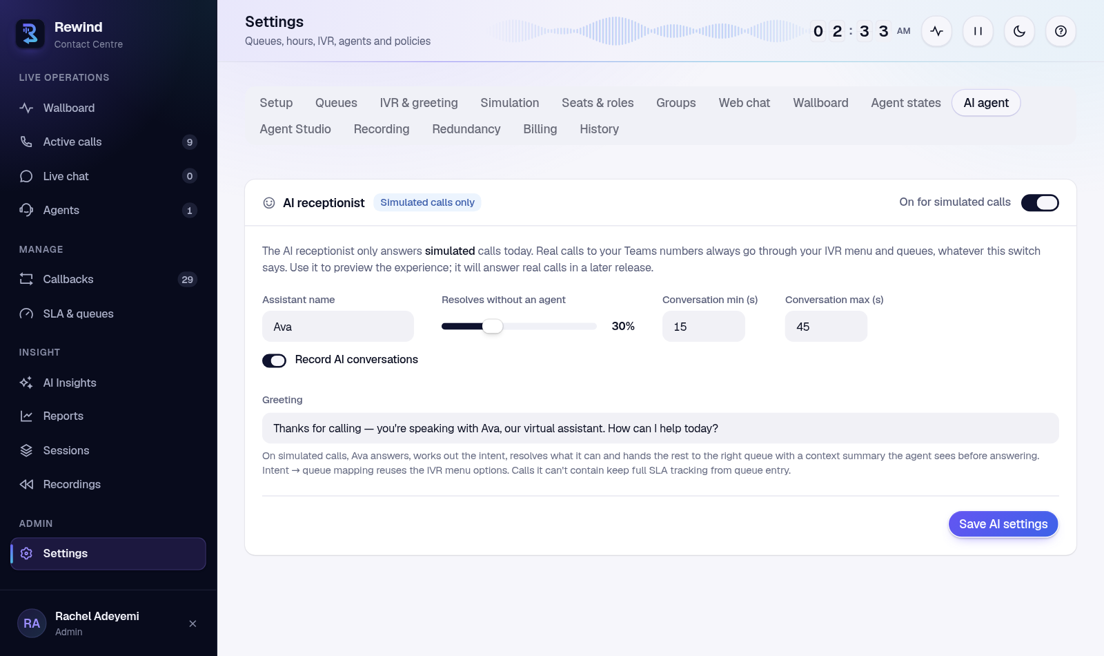 AI receptionist settings