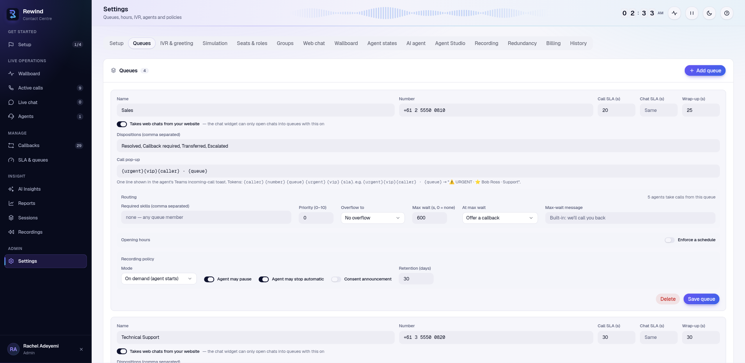 Queue configuration in Settings